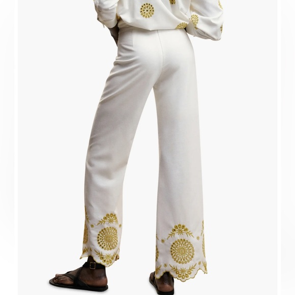 MNG Linen Blend Embroidered Scallop-Trimmed Wide Leg High Rise Culotte Trouser - Picture 2 of 16